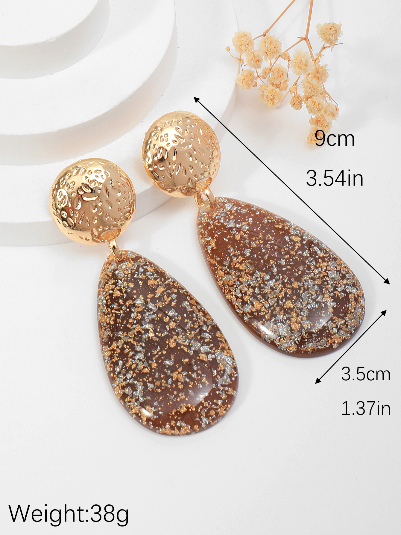 European and American geometric water drop acrylic stud earrings, colored glitter camouflage earrings, acetic acid sheet exaggerated earrings for women Specification image