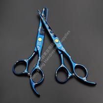 Manufacturers wholesale barber scissors 6.0 inch blue cherry blossom flat scissors teeth scissors thin broken hair scissors professional haircut set