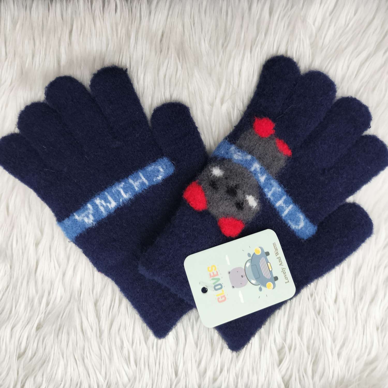 Children's Mink Cartoon Panda Picture Cold Full Finger Gloves Warm Gloves Outdoor Spring And Autumn Knitted Gloves details Picture