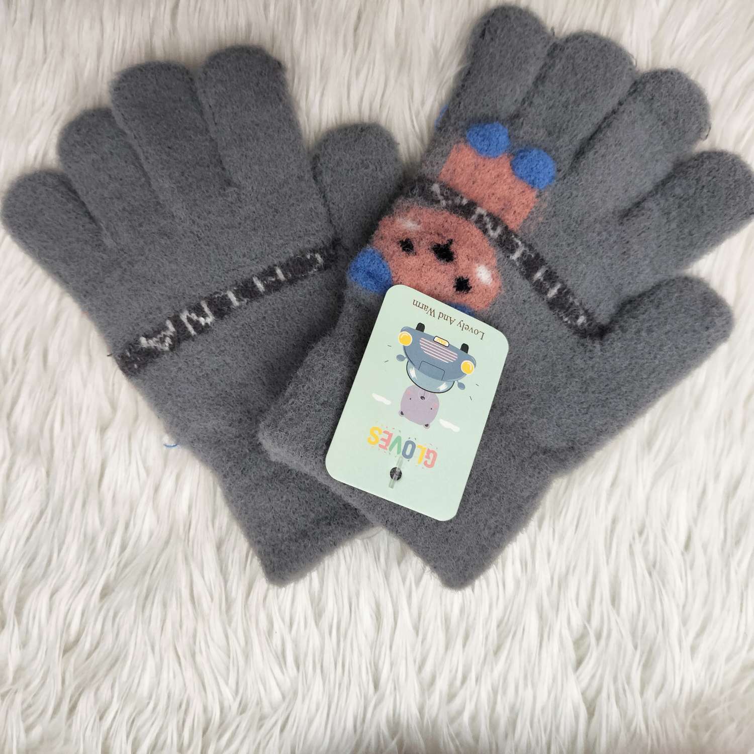 Children's Mink Cartoon Panda Picture Cold Full Finger Gloves Warm Gloves Outdoor Spring And Autumn Knitted Gloves Item Picture