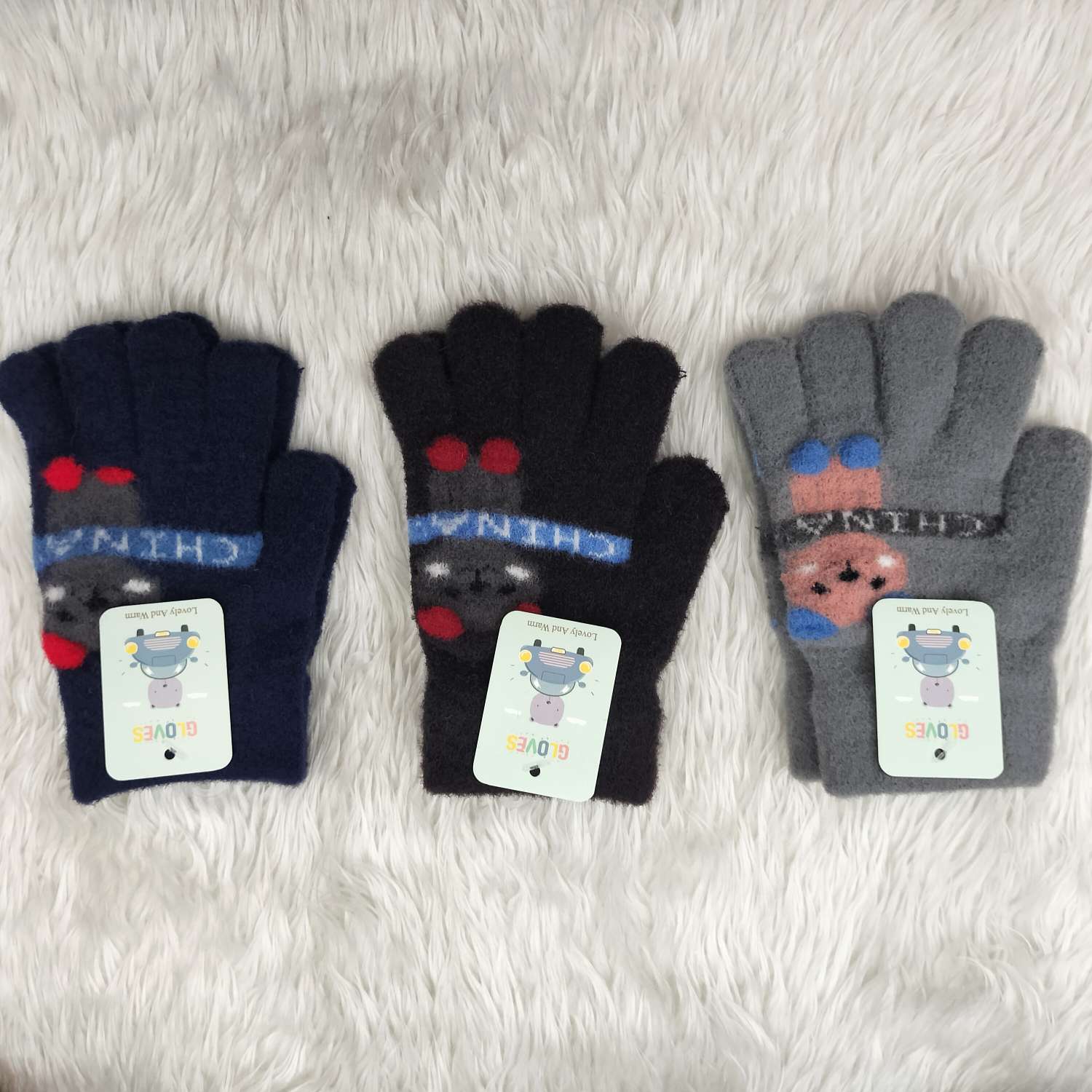 Children's Mink Cartoon Panda Picture Cold Full Finger Gloves Warm Gloves Outdoor Spring And Autumn Knitted Gloves full figure
