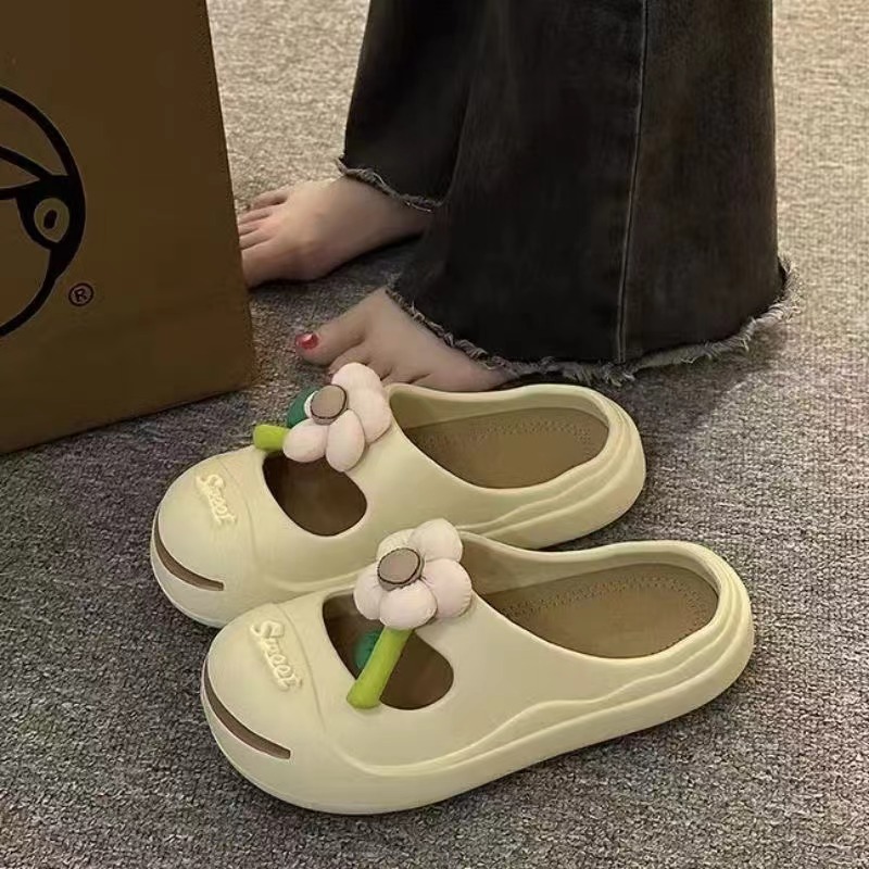 Foreign trade Baotou slippers for women, summer indoor home, anti-slip thick-soled, comfortable to step on, worn outside for home use, small open flower for women, factory custom-made details Picture