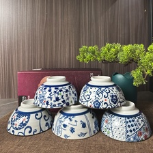 韩式传统手绘陶瓷碗套装5个装复古风釉下彩名古屋伊贺烧