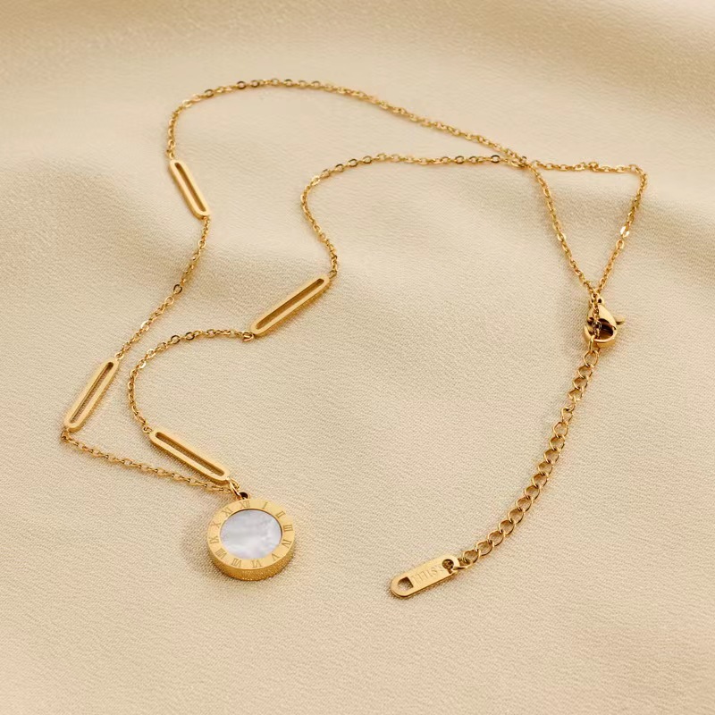 European and American titanium steel classic Roman numeral double-sided black and white mother-of-pearl necklace Application Scenario