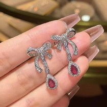 New high-class temperament earrings female red gems with stylish earrings bow fringe earrings