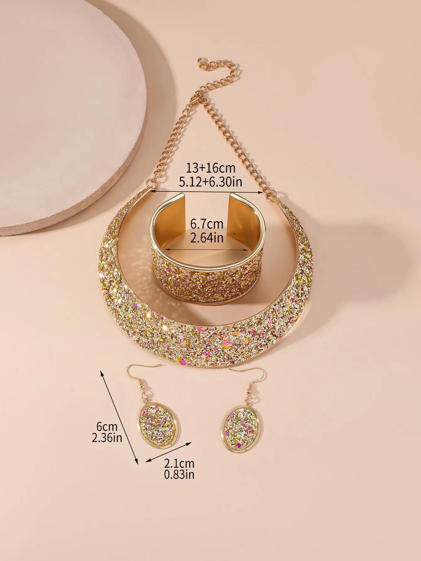 Cross-border Amazon Shein Pinduoduo Overseas Edition Best-selling European and American fashion trend electroplated gold women's metal neckband, collar and earrings set Item Picture