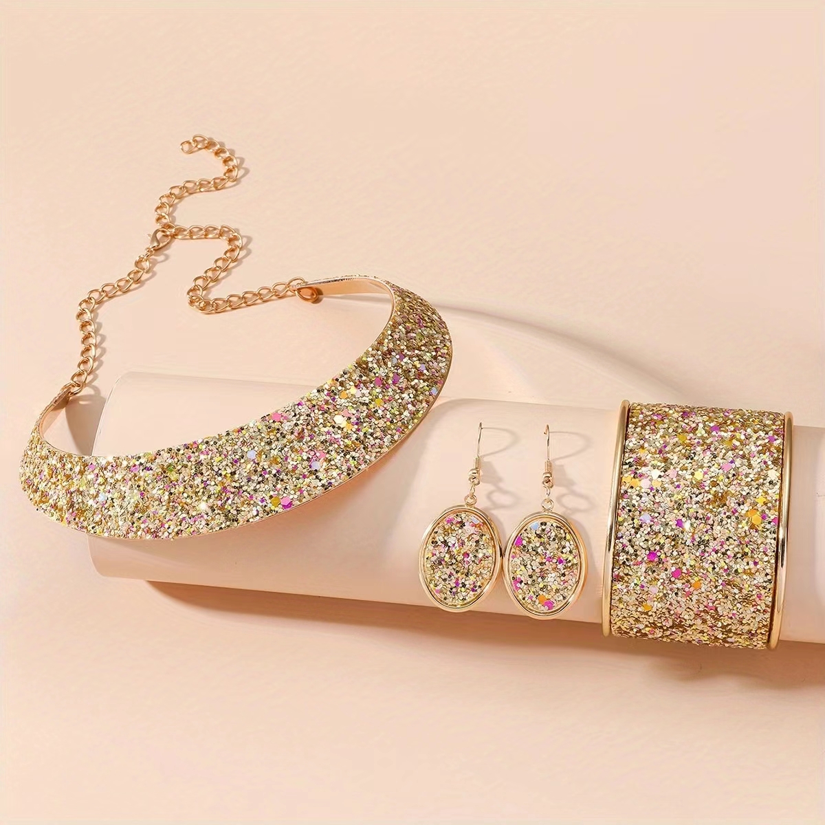 Cross-border Amazon Shein Pinduoduo Overseas Edition Best-selling European and American fashion trend electroplated gold women's metal neckband, collar and earrings set