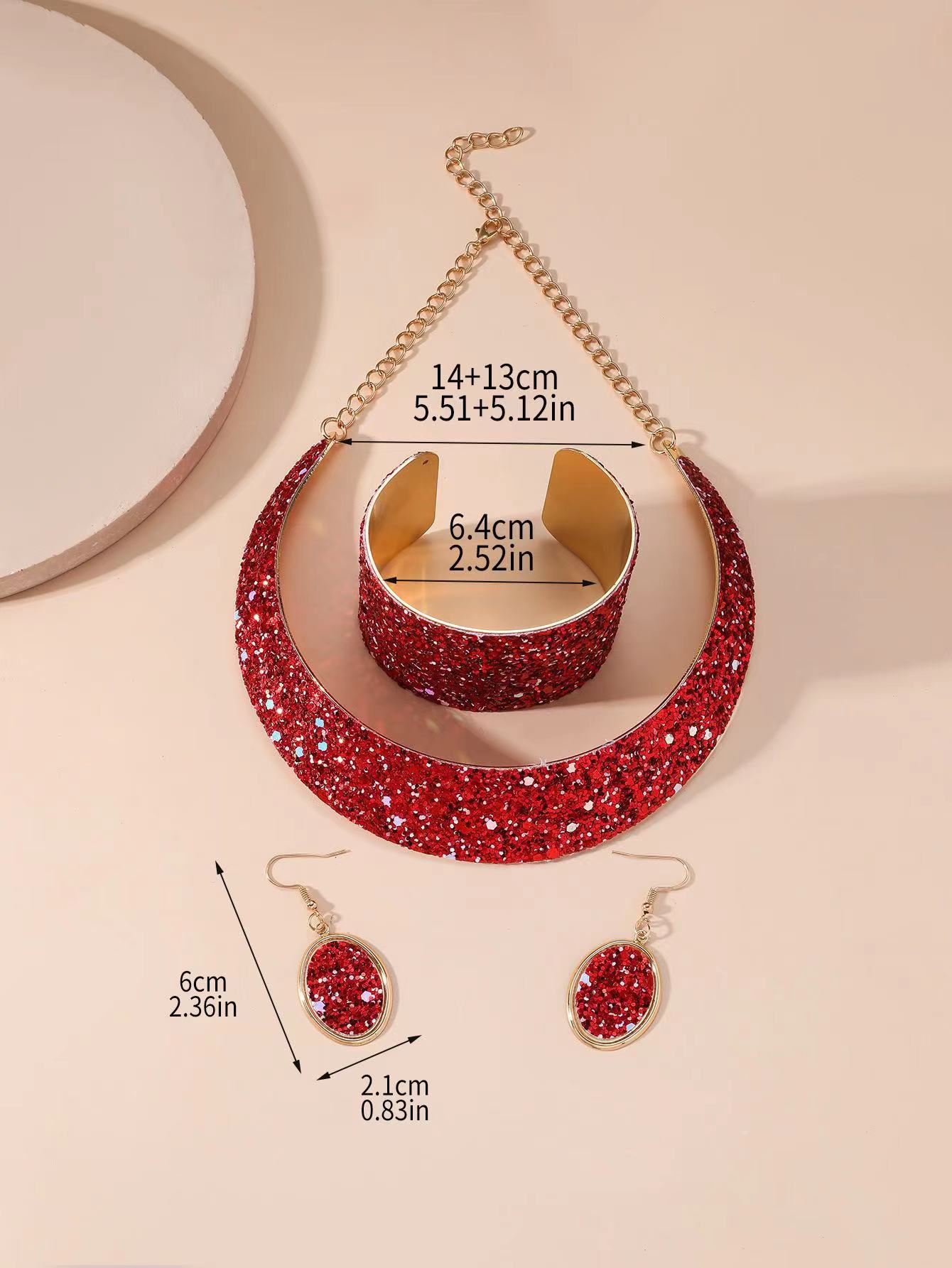 Cross-border Amazon Xiyin Pinduoduo Overseas version Best-selling European and American fashionable and trendy electroplated red women's metal neckband, collar and earrings set Item Picture