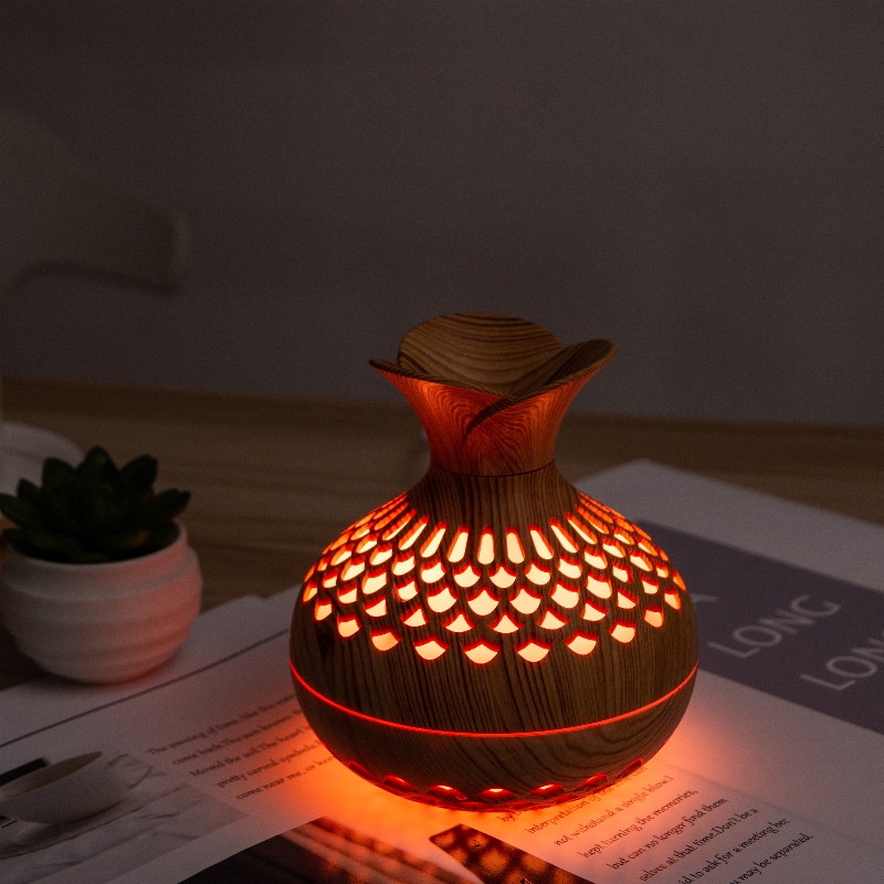 Cross-border new flower wood grain USB seven-color hollowed-out desktop water replenishment air purification spray humidifier Specification image