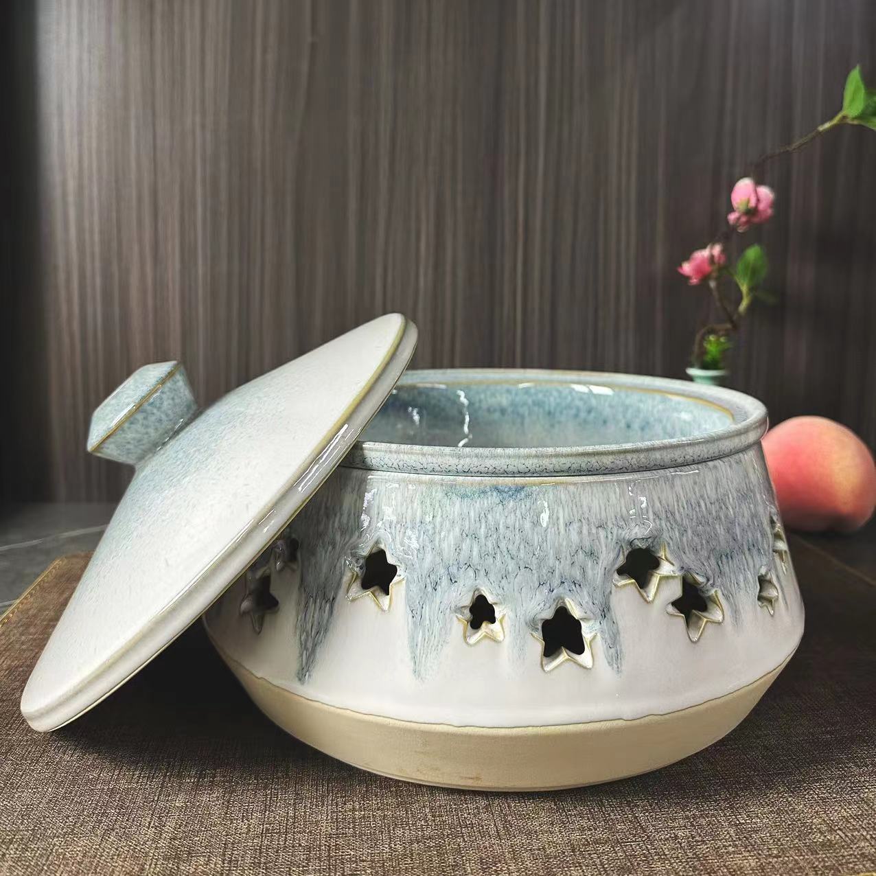 11寸渐变蓝窑变古风中式炖盅带盖双层煲 星形镂空炉底 高端酒店会所宴会厅用详情2