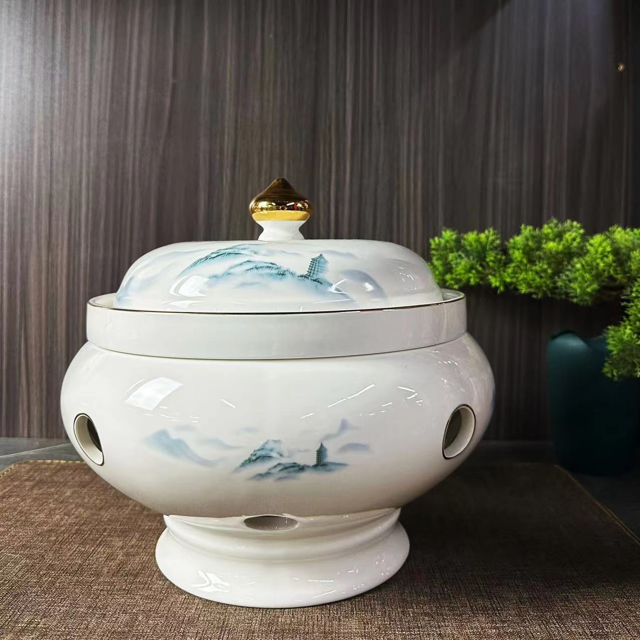 湖光山色系列高端中式国风10.5"金边陶瓷无耳翅盅连炉 海参燕鲍翅料理 高端会所宴会专用