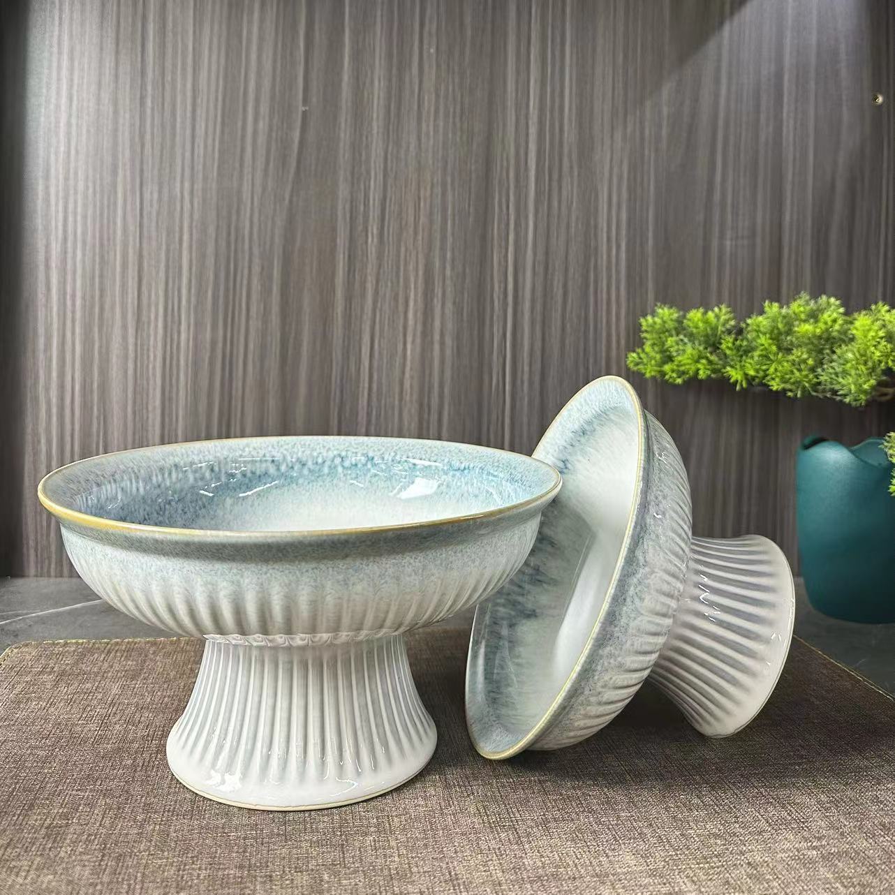 7" 9" gradient blue kiln transformation Chinese-style high-legged fruit plate, dim sum, cold fruit plate, coarse pottery, exquisite vertical patterns, suitable for hotels and clubs