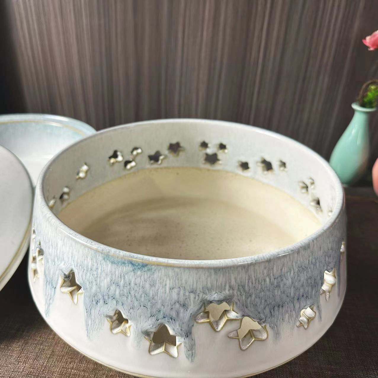 11寸渐变蓝窑变古风中式炖盅带盖双层煲 星形镂空炉底 高端酒店会所宴会厅用详情5