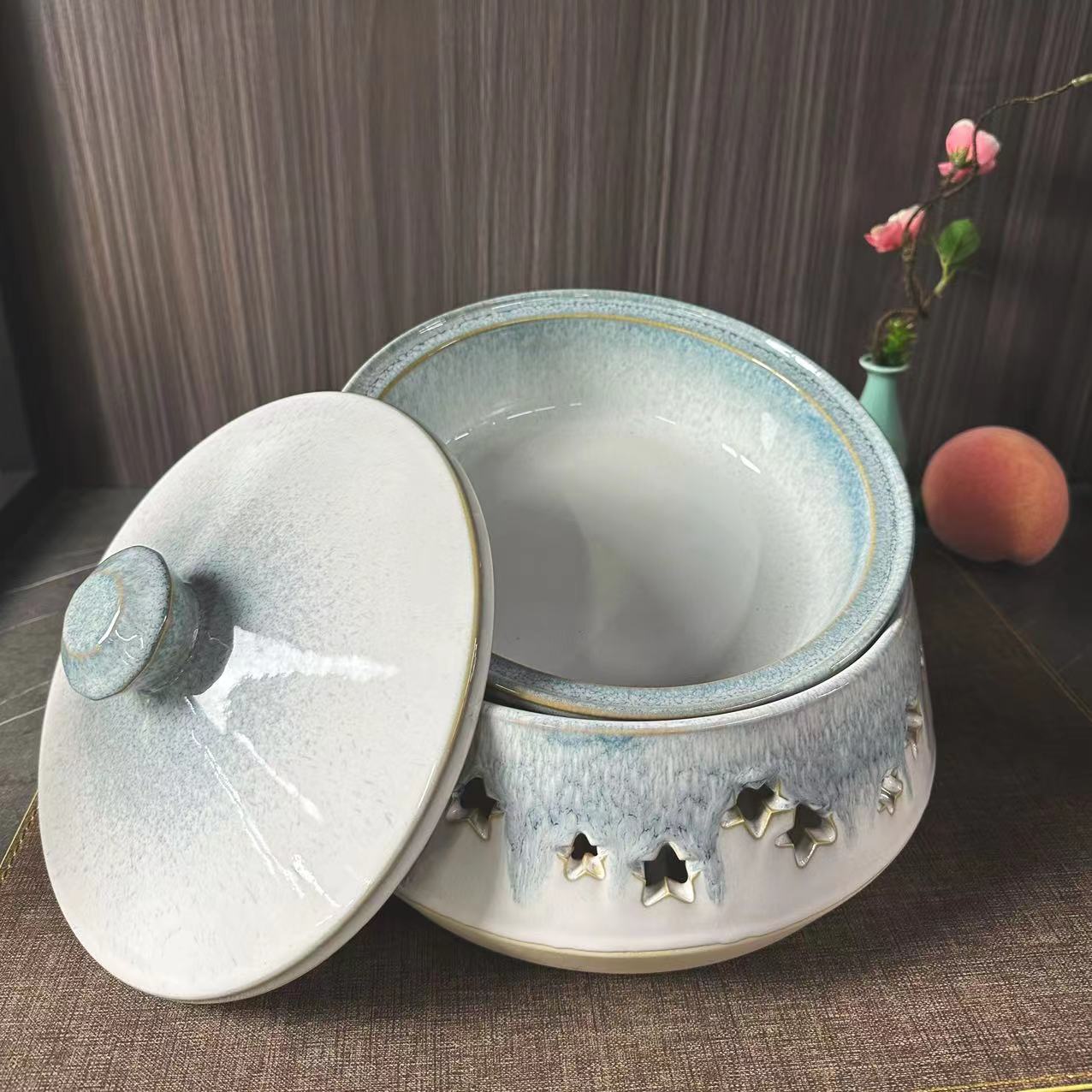 11寸渐变蓝窑变古风中式炖盅带盖双层煲 星形镂空炉底 高端酒店会所宴会厅用详情7