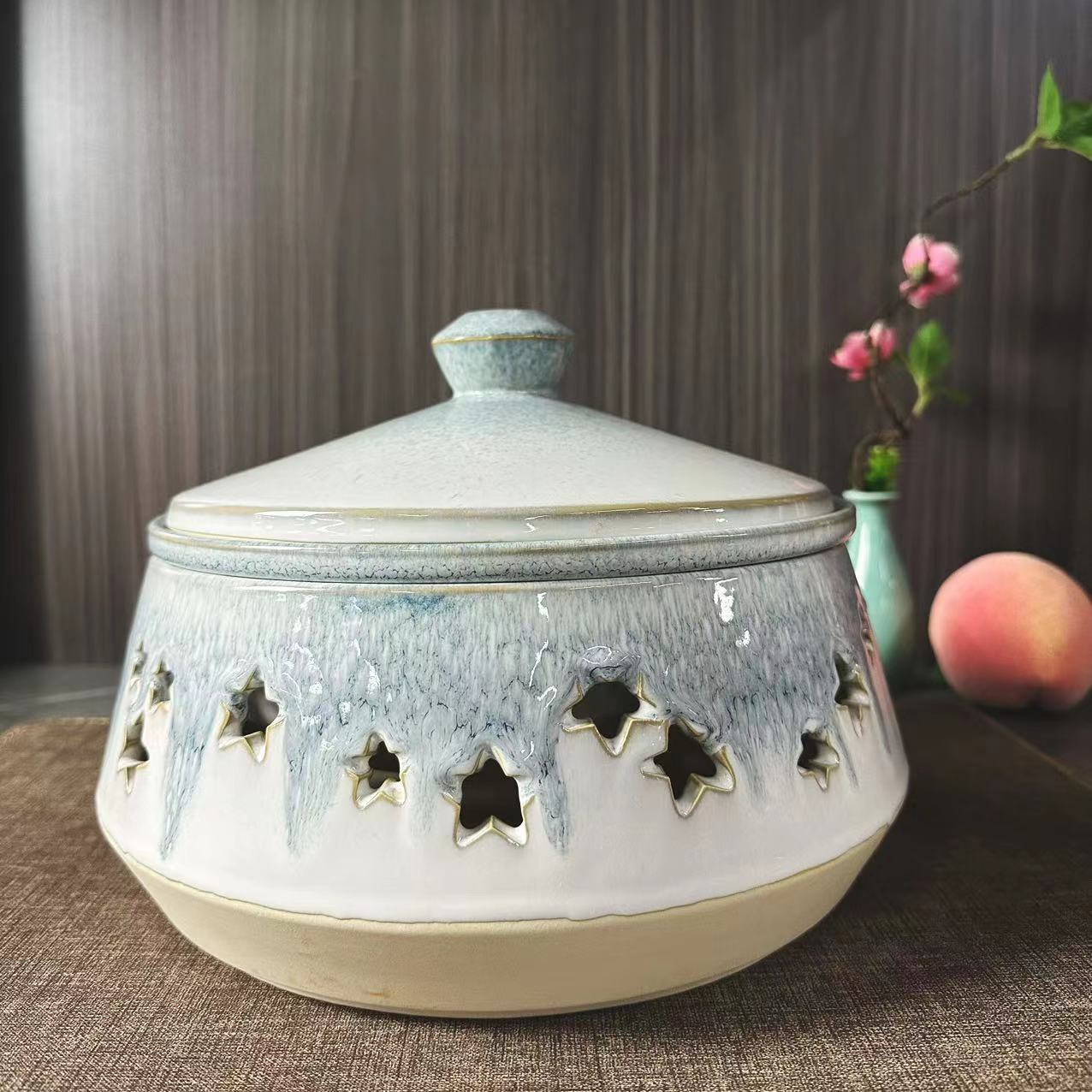 11寸渐变蓝窑变古风中式炖盅带盖双层煲 星形镂空炉底 高端酒店会所宴会厅用
