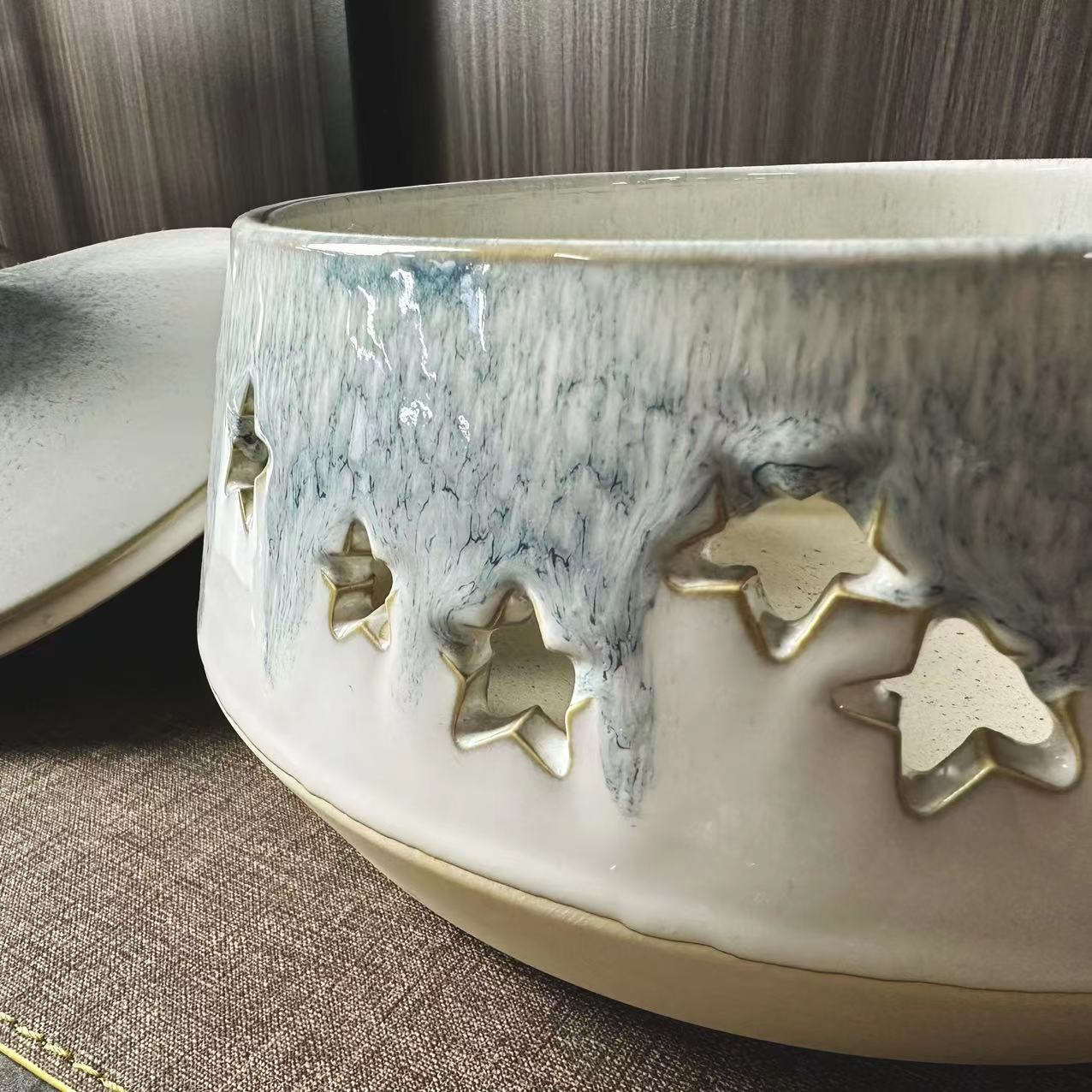 11寸渐变蓝窑变古风中式炖盅带盖双层煲 星形镂空炉底 高端酒店会所宴会厅用详情6