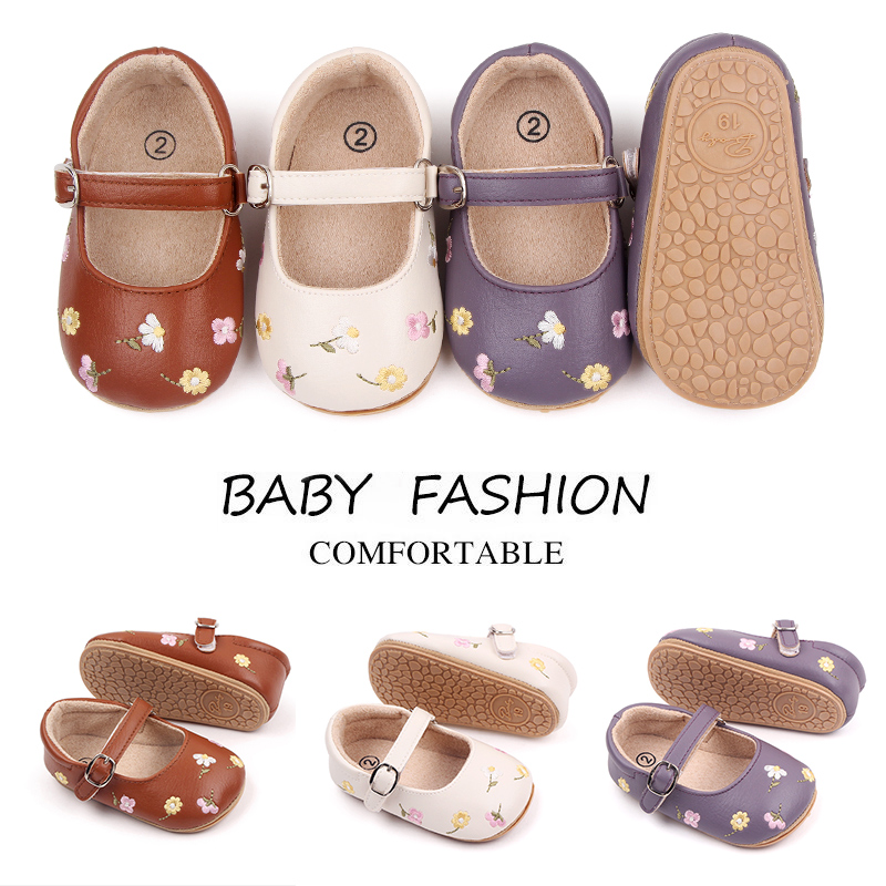 Baby girl Mary Jane PU shoes TPR anti-slip 3 to 12 months spring and autumn prewalking shoes little flower shoes full figure