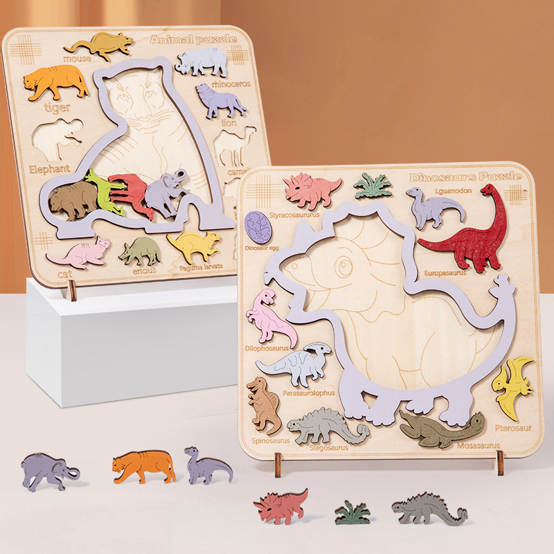 跨境儿童早教益智木质动物恐龙木制立体拼图亲子认知烧脑玩具批发图