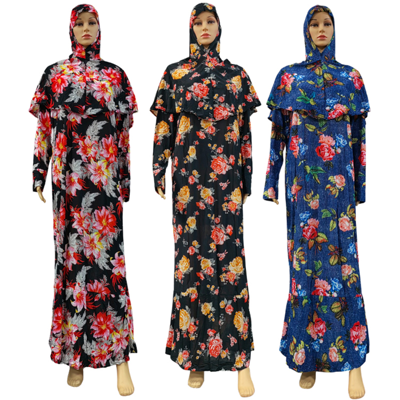 New fashionable and best-selling women's Muslim headscarf robe two-piece set with printed small floral patterns wish European and American slim-fitting dress