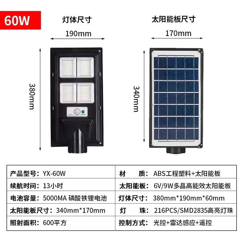 一体式太阳能路灯人来灯亮带雷达人体感应庭院灯乡村道路照明路灯详情11