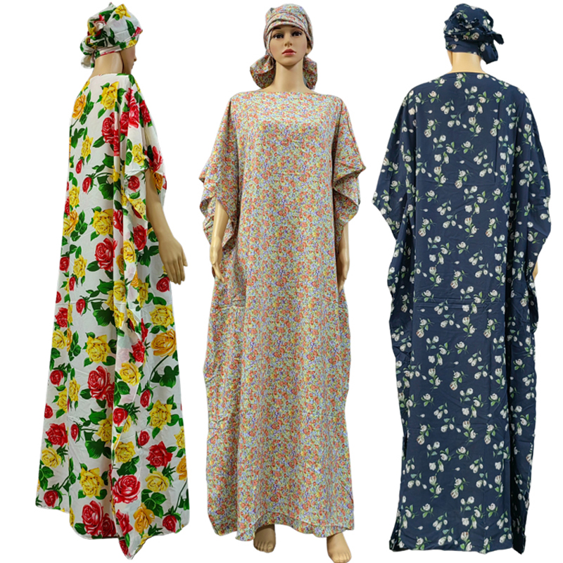 欧美时尚女装工厂批发短袖夏日清凉头巾长裙两件套印花花朵穆斯林长袍连衣裙
