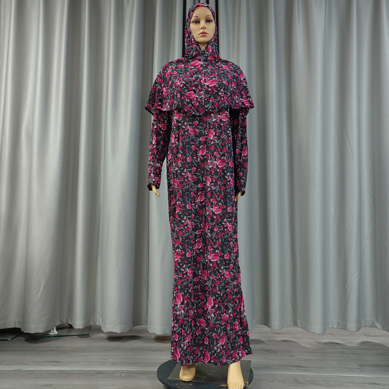 New fashionable and best-selling women's Muslim headscarf robe two-piece set with printed small floral patterns wish European and American slim-fitting dress details Picture