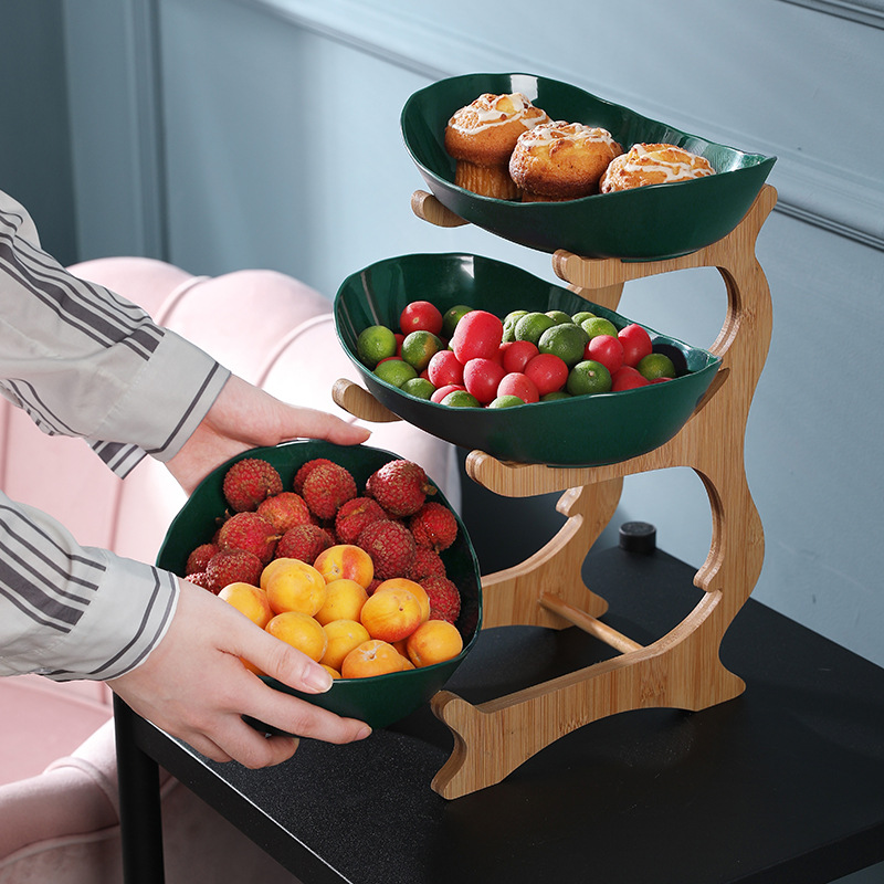 Fruit plate, snack plate, European-style high-end Internet celebrity display plate, modern creative living room home multi-layer bamboo and wood rack fruit plate details Picture