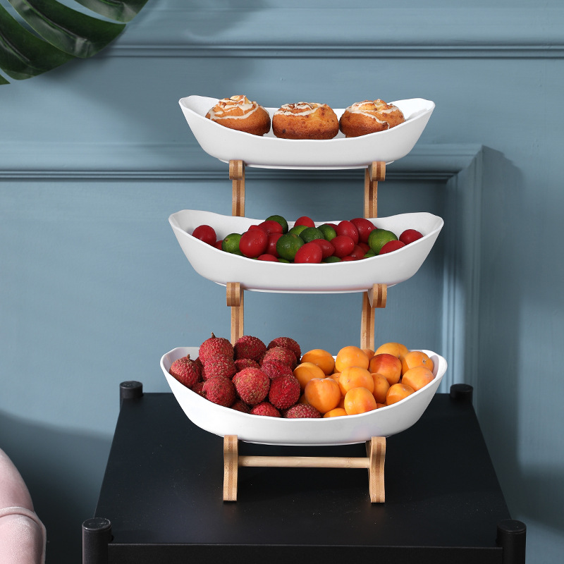 Fruit plate, snack plate, European-style high-end Internet celebrity display plate, modern creative living room home multi-layer bamboo and wood rack fruit plate Application Scenario
