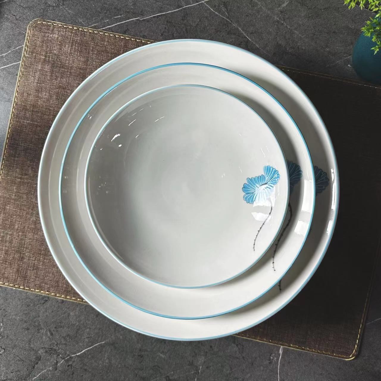Blue Lotus Series High-end outlined and decked Ceramic small foot Bowl Set 8-inch, 10-inch, 12-inch thickened durable hotel use household hotel ceramics details Picture