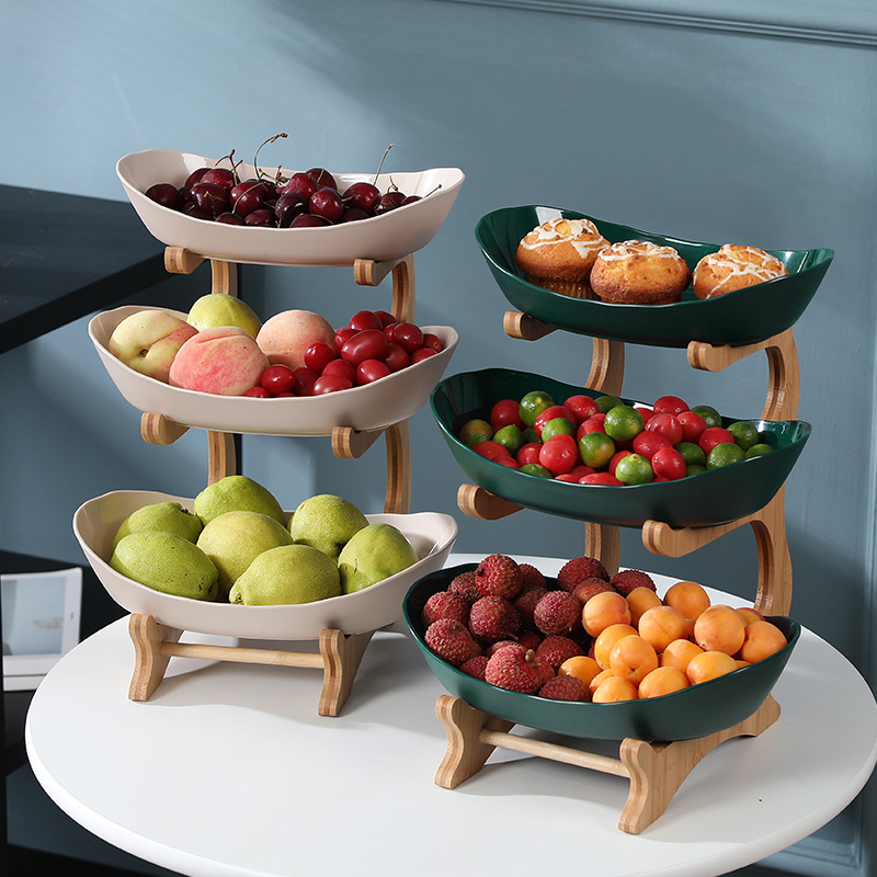 Fruit plate, snack plate, European-style high-end Internet celebrity display plate, modern creative living room home multi-layer bamboo and wood rack fruit plate Specification image
