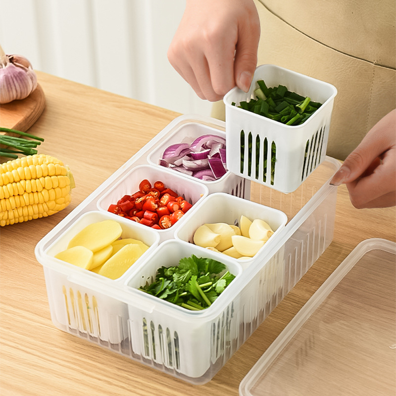 Refrigerator box, draining and preservation storage box, six-compartment vegetable preparation box, fruit draining and preservation box, kitchen scallion, ginger, garlic and scallion flower box Specification image