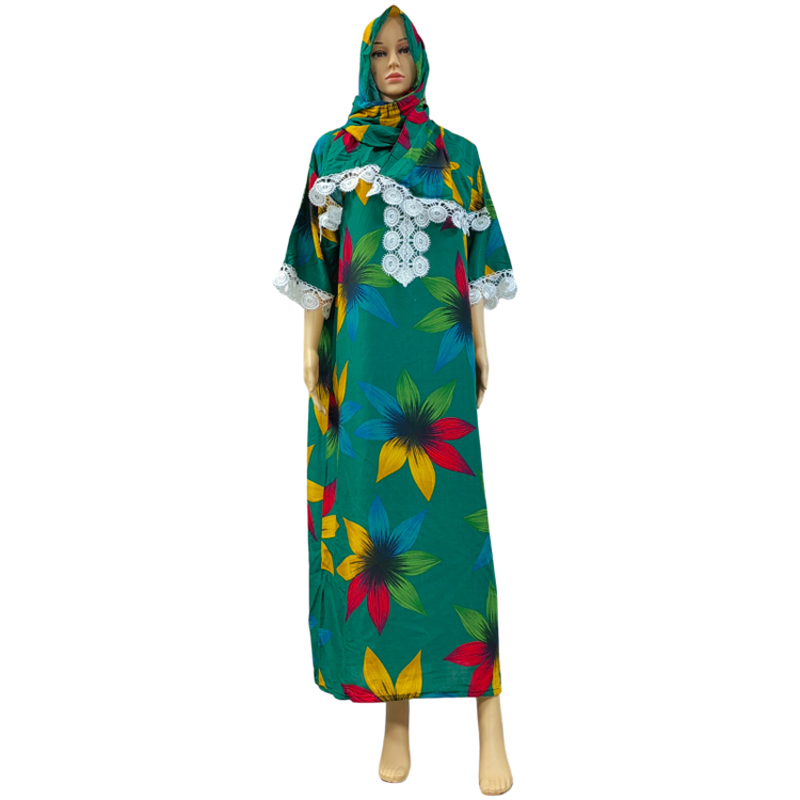 Factory direct sales, cross-border European and American hooded Amazon home wear, African women's hooded scarf, short-sleeved printed flower long robe dress Item Picture