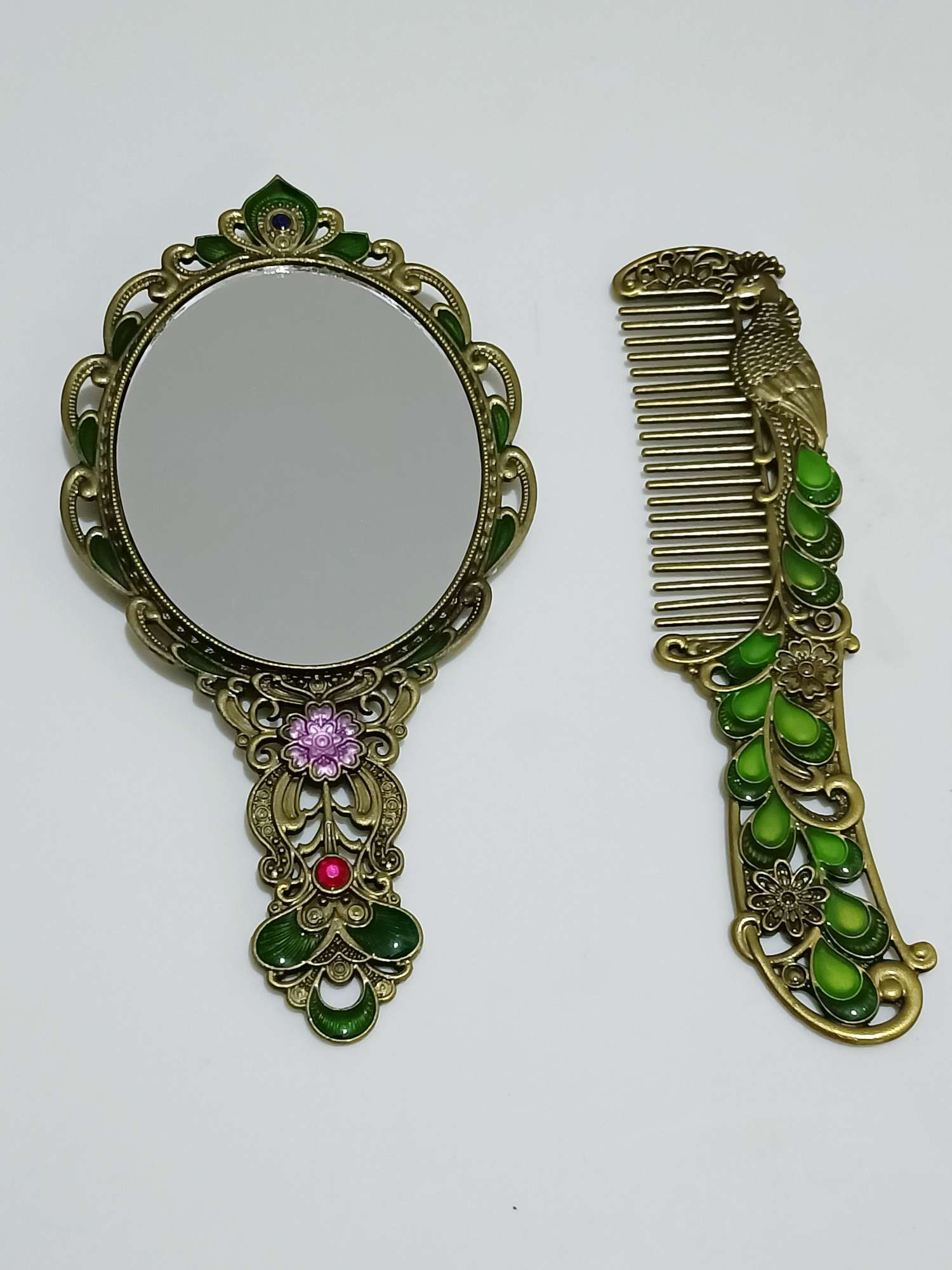 金属孔雀镜子玫瑰金镂空镜子梳子套装赠品伴手礼迷你小手柄镜子套装详情图3