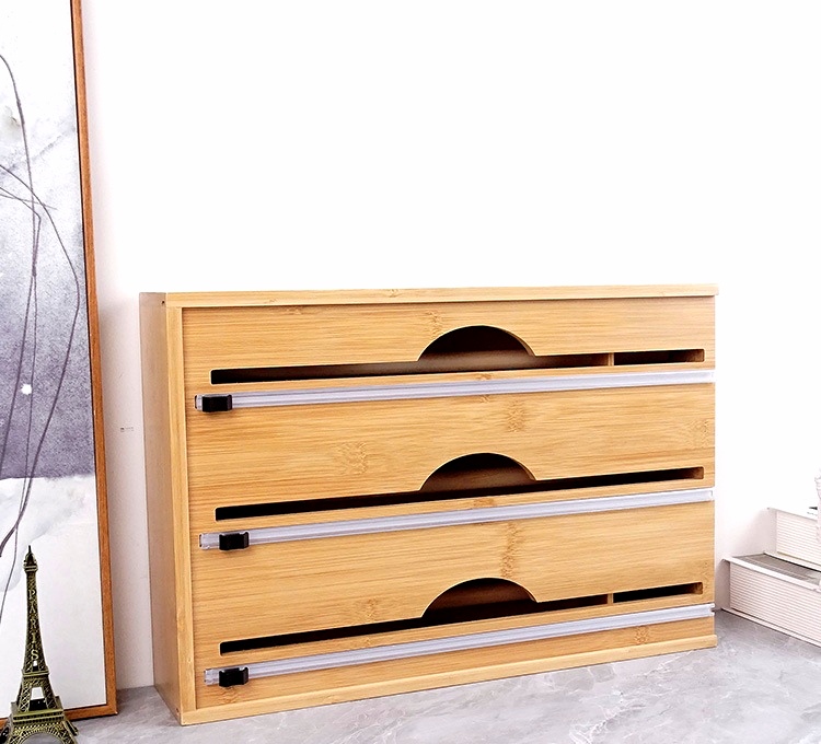 Jiehao Bamboo and wood tin foil paper cutter, cling film storage box, kitchen drawer storage box, wall-mounted wax paper divider detail image 5