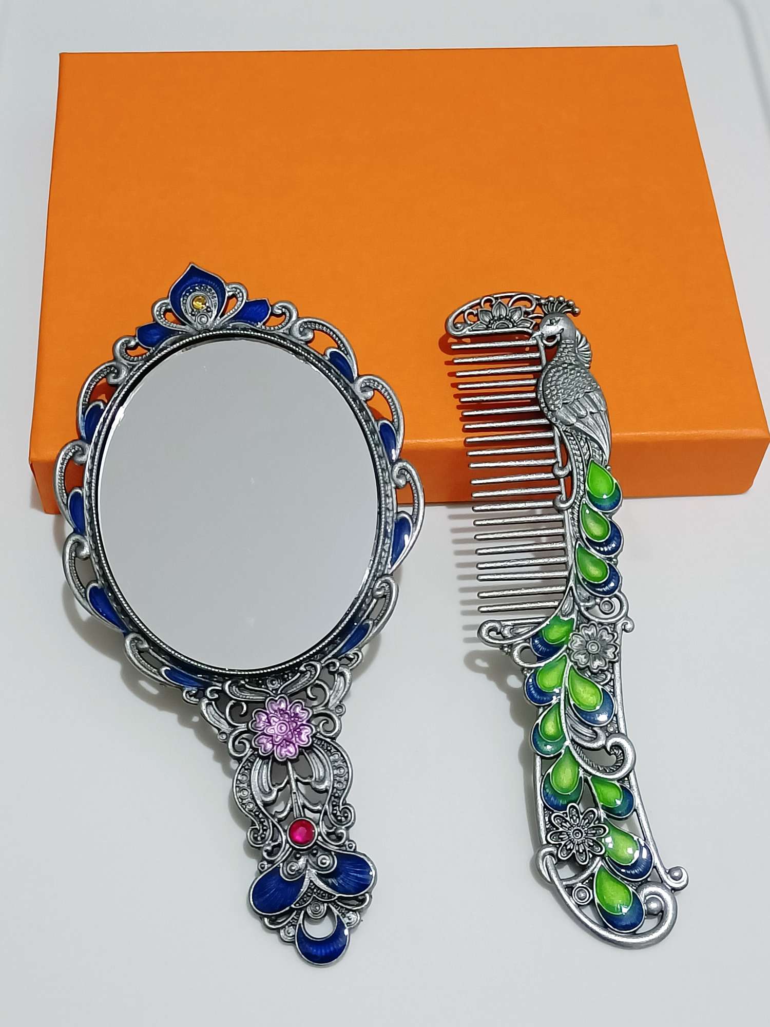 金属孔雀镜子玫瑰金镂空镜子梳子套装赠品伴手礼迷你小手柄镜子套装详情图7