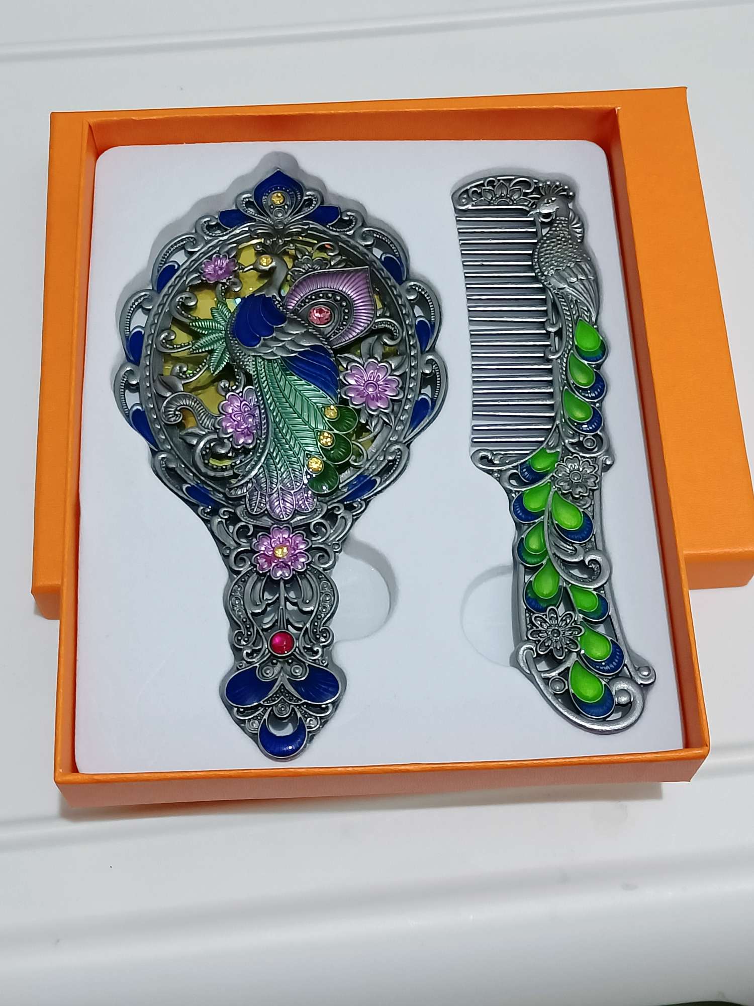 金属孔雀镜子玫瑰金镂空镜子梳子套装赠品伴手礼迷你小手柄镜子套装详情图2