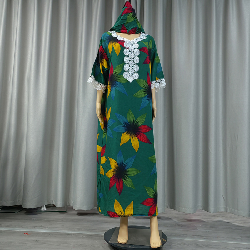 Factory direct sales, cross-border European and American hooded Amazon home wear, African women's hooded scarf, short-sleeved printed flower long robe dress Specification image