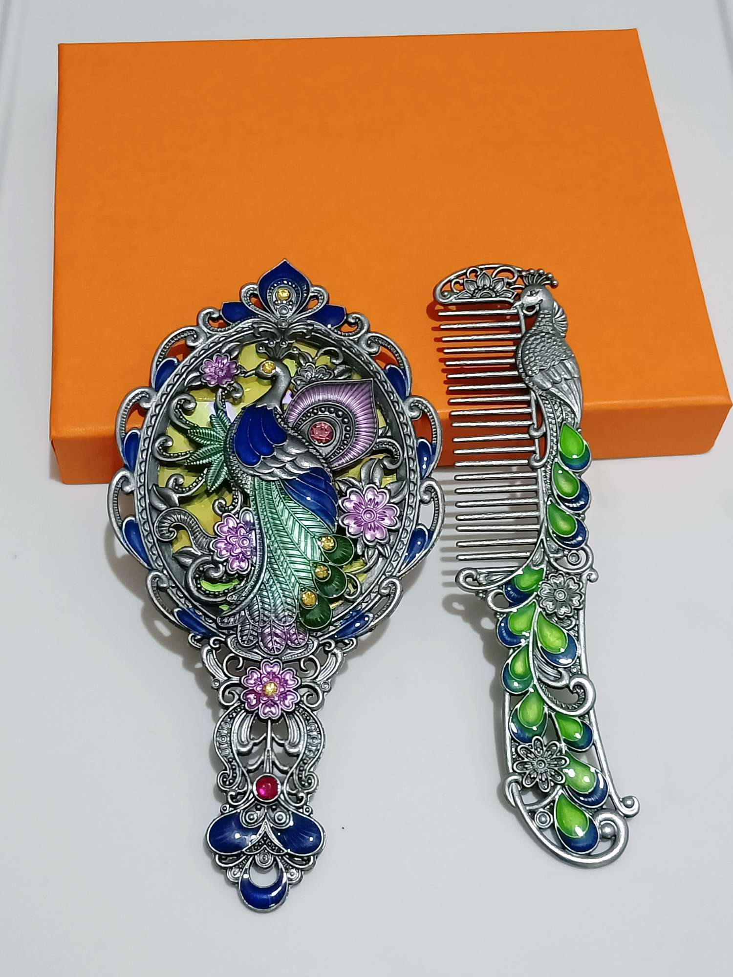 金属孔雀镜子玫瑰金镂空镜子梳子套装赠品伴手礼迷你小手柄镜子套装详情图5