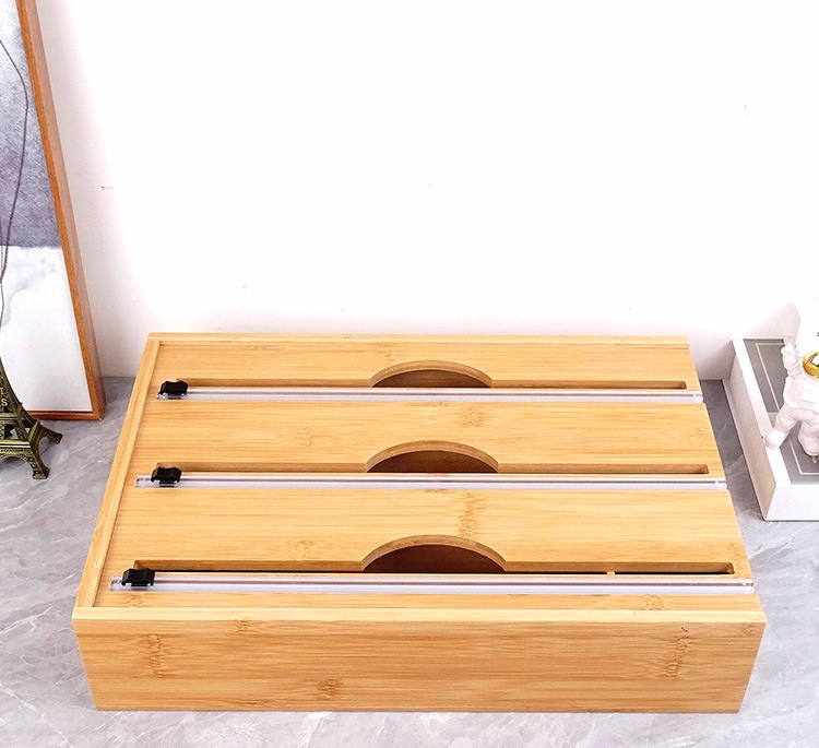 Jiehao Bamboo and wood tin foil paper cutter, cling film storage box, kitchen drawer storage box, wall-mounted wax paper divider detail image 3