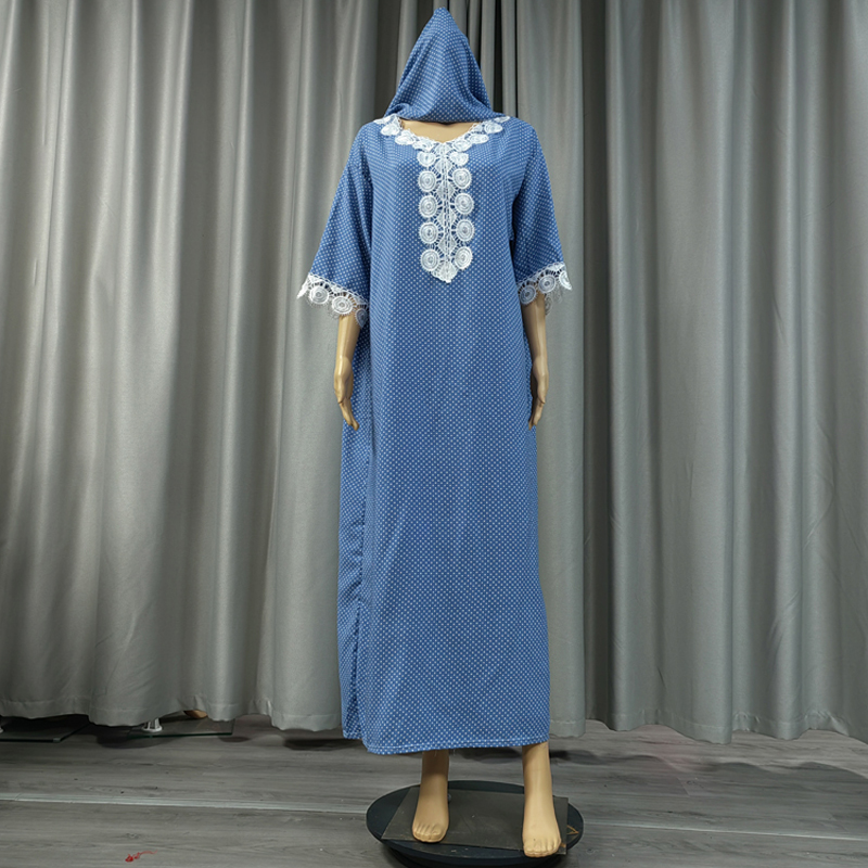 Factory direct sales, cross-border European and American hooded Amazon home wear, African women's hooded scarf, short-sleeved printed flower long robe dress details Picture