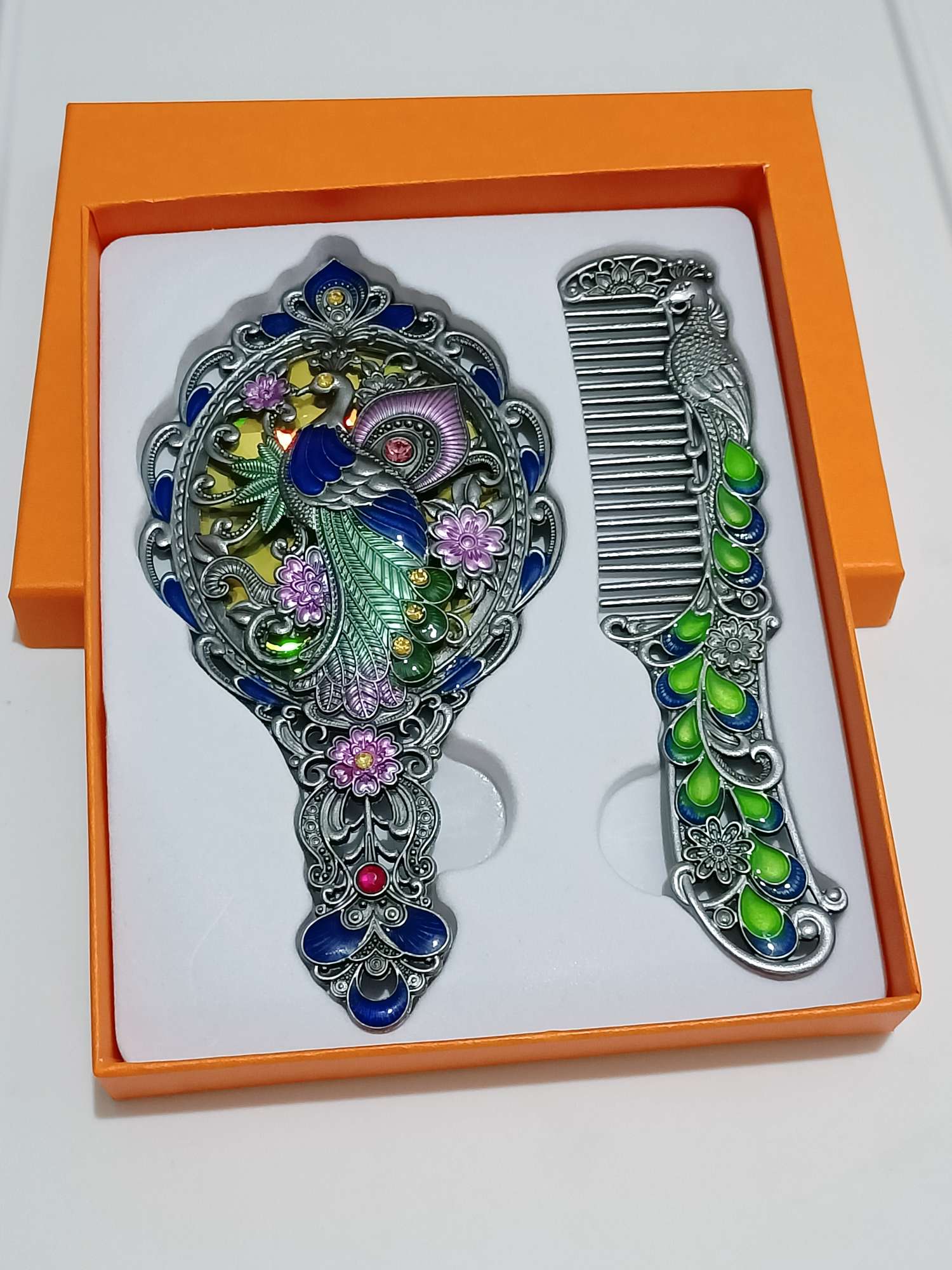 金属孔雀镜子玫瑰金镂空镜子梳子套装赠品伴手礼迷你小手柄镜子套装详情图6