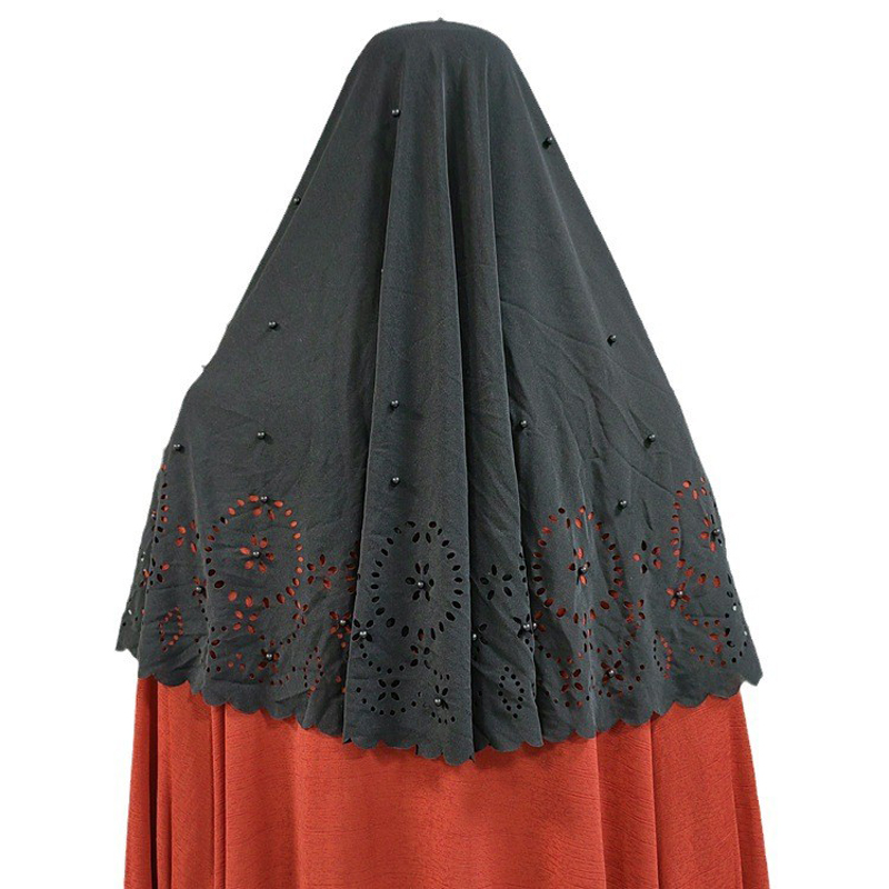 Muslim cross-border Amazon hollowed-out lace headscarf, a popular new best-selling black pearl women's headscarf from the Middle East, Europe and America Item Picture