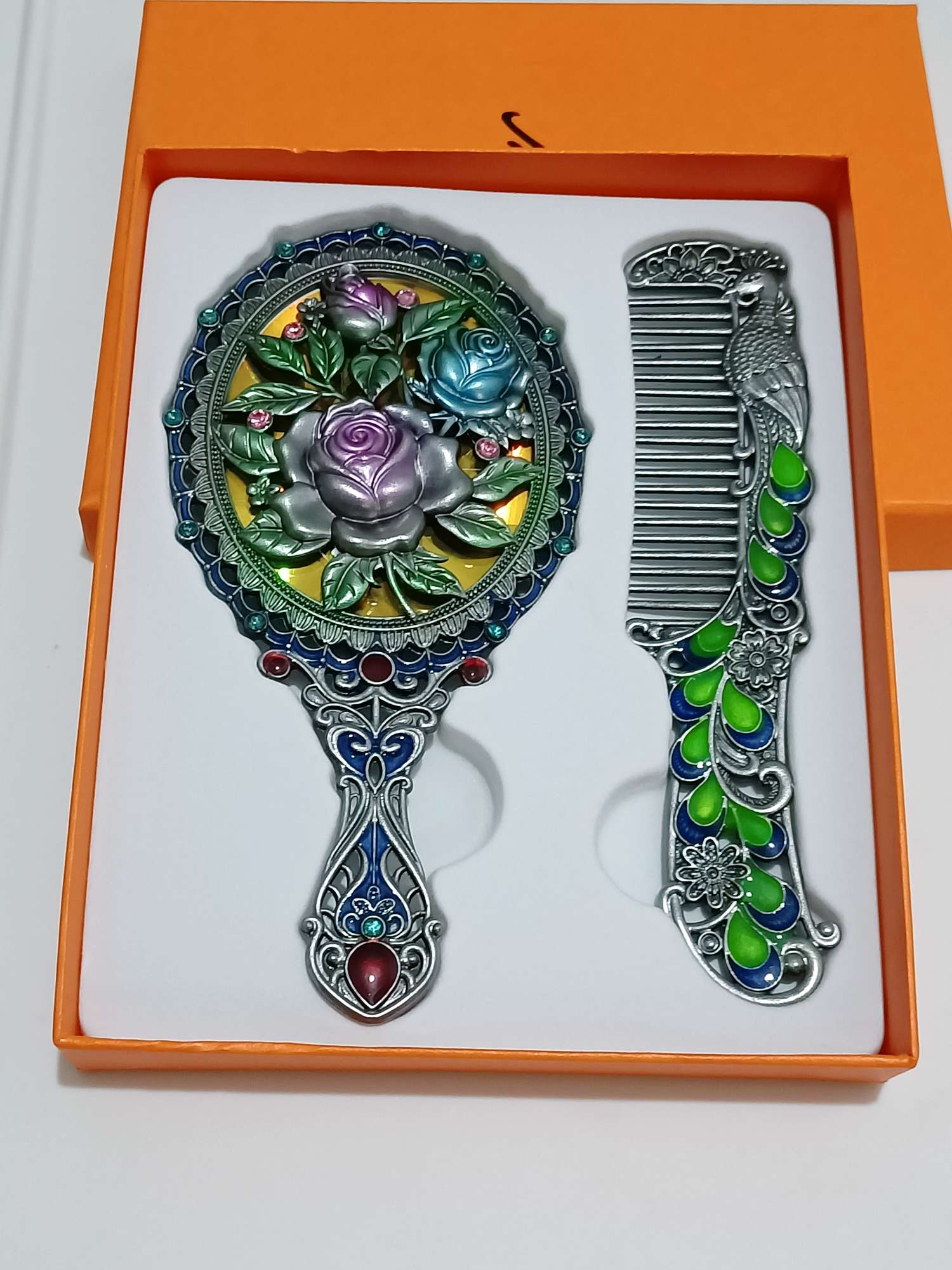 金属孔雀镜子玫瑰金镂空镜子梳子套装赠品伴手礼迷你小手柄镜子套装详情图13