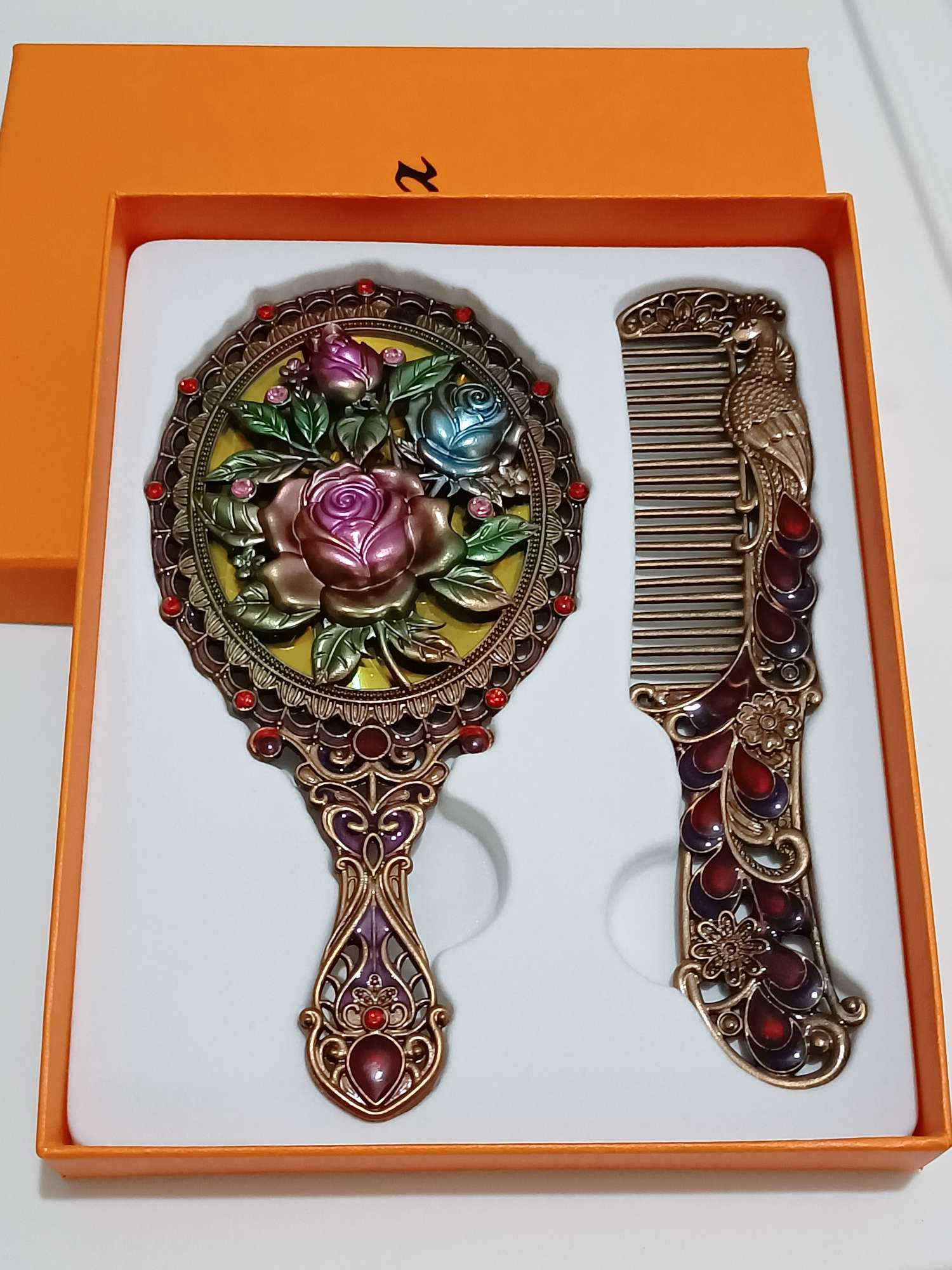 金属孔雀镜子玫瑰金镂空镜子梳子套装赠品伴手礼迷你小手柄镜子套装详情图8