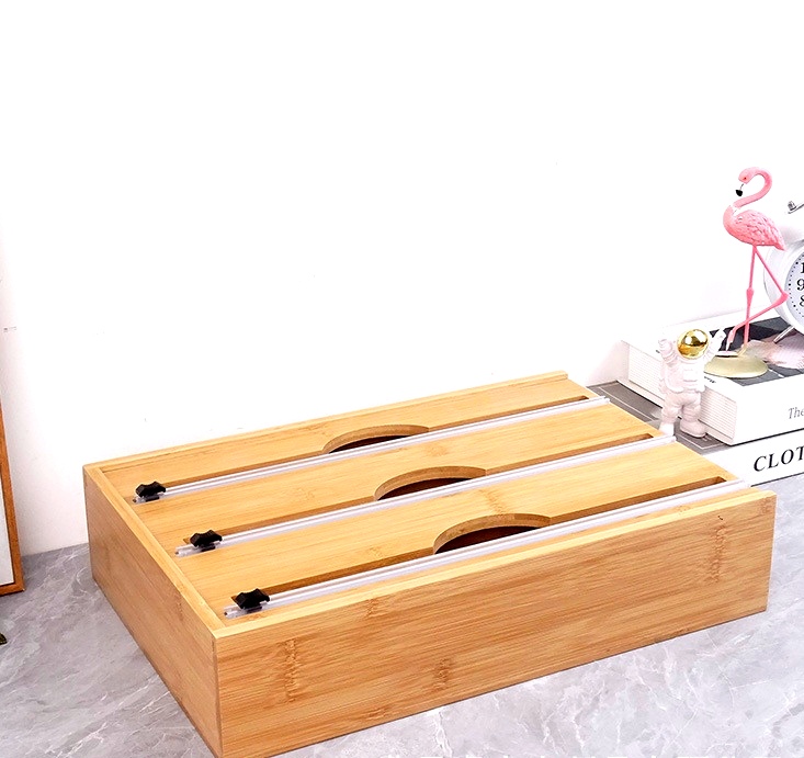 Jiehao Bamboo and wood tin foil paper cutter, cling film storage box, kitchen drawer storage box, wall-mounted wax paper divider detail image 4