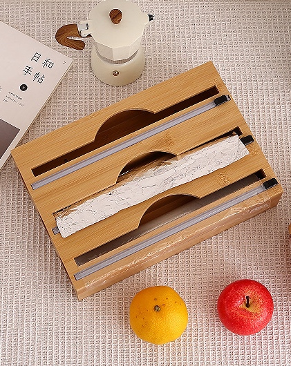 Jiehao Bamboo and wood tin foil paper cutter, cling film storage box, kitchen drawer storage box, wall-mounted wax paper divider detail image 2
