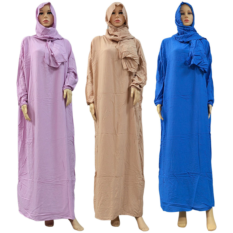 穆斯林纯色时尚长裙优雅女围巾款连帽纯棉连衣长裙长袍端庄日常休闲时尚礼拜袍 民族风