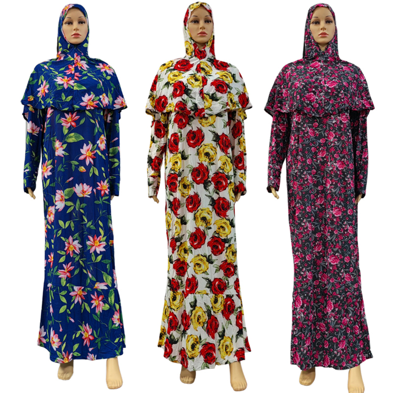 New fashionable and best-selling women's Muslim-printed small floral wish body-hugging dress, long dress, headscarf and long robe two-piece set