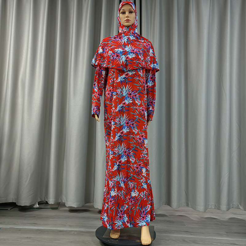 New fashionable and best-selling women's Muslim-printed small floral wish body-hugging dress, long dress, headscarf and long robe two-piece set details Picture