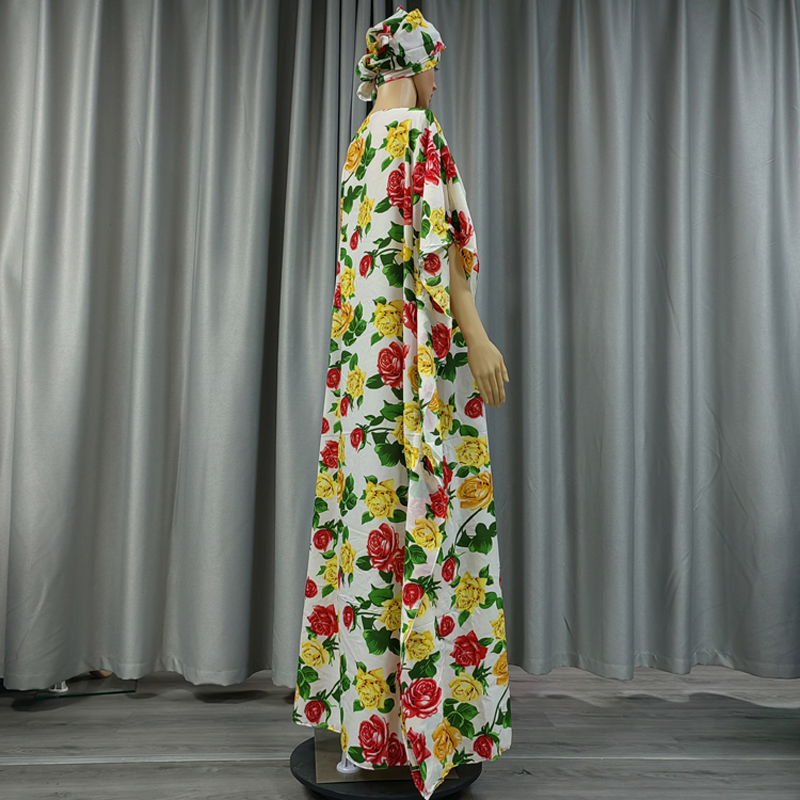Europa y américa moda de las mujeres de fábrica al por mayor manga corta verano fresco estampado flores vestido musulmán vestido hijab vestido largo conjunto de dos piezas Specification image